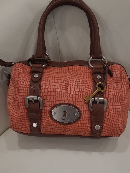 Fossil Handbags - Fossil Coral-Orange Textured Satchel with Brown Trim